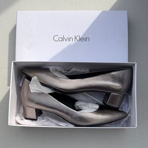 Calvin Klein Metallic Pewter Low Block Heel Pumps